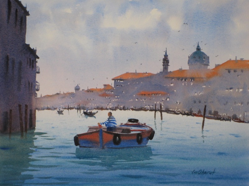 landscape, seascape, boat, gondola, venice, grand canal, original watercolor painting, oberst